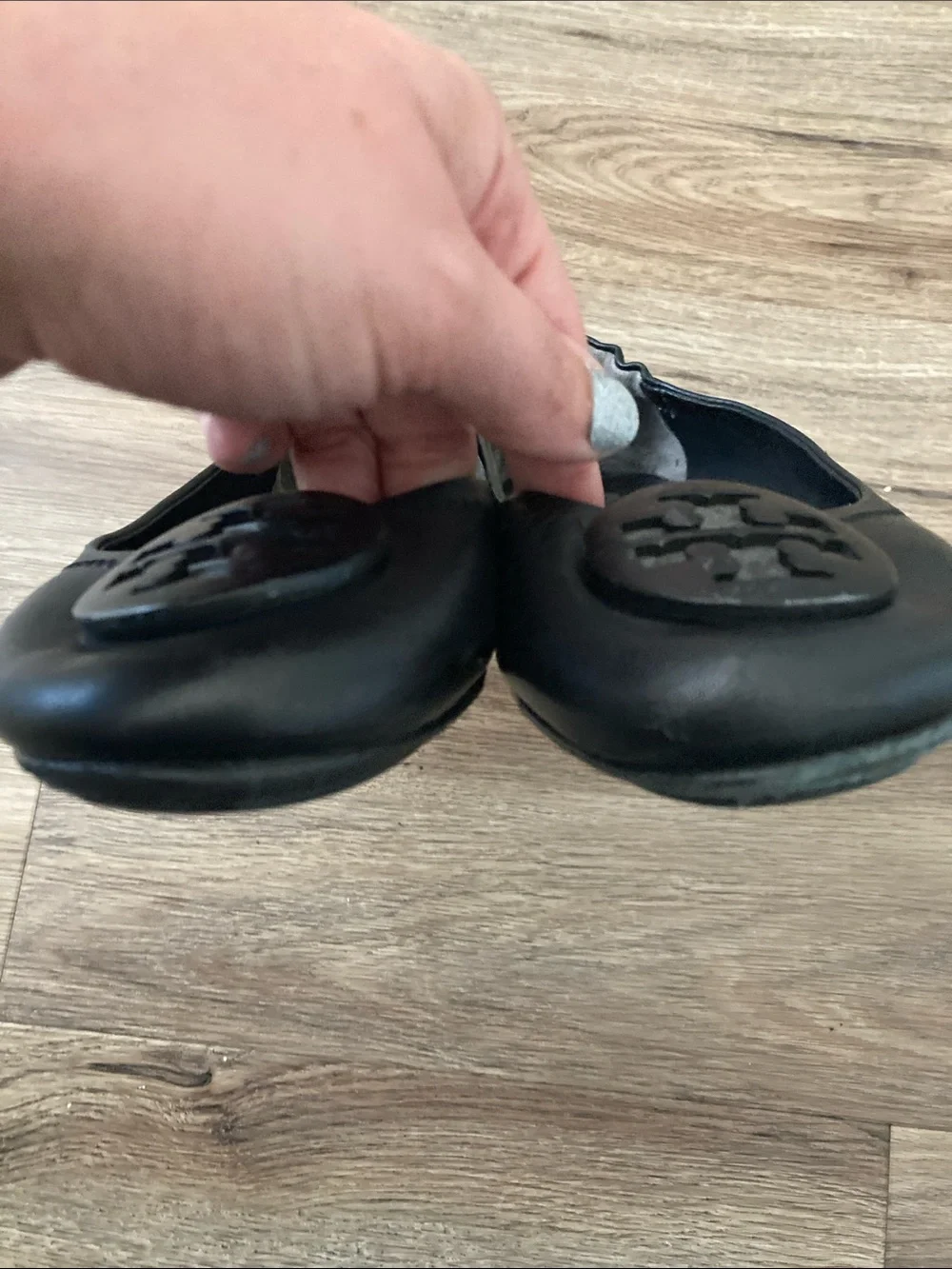 Tory Burch Black Leather Logo Round-Toe Ballet Flats Sz 8.5